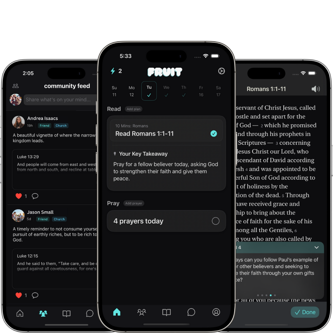 Fruit App Screenshots showing Bible reading, community feed, and scripture view